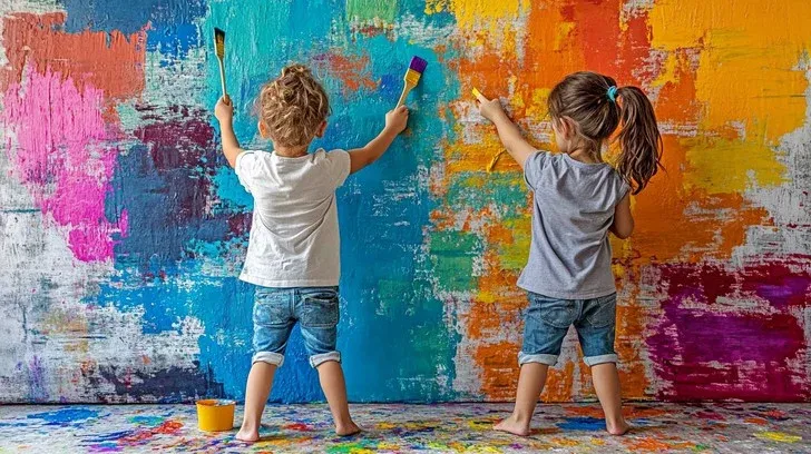 Students creating vibrant paintings in a bright, modern studio with large windows overlooking downtown Toronto skyline